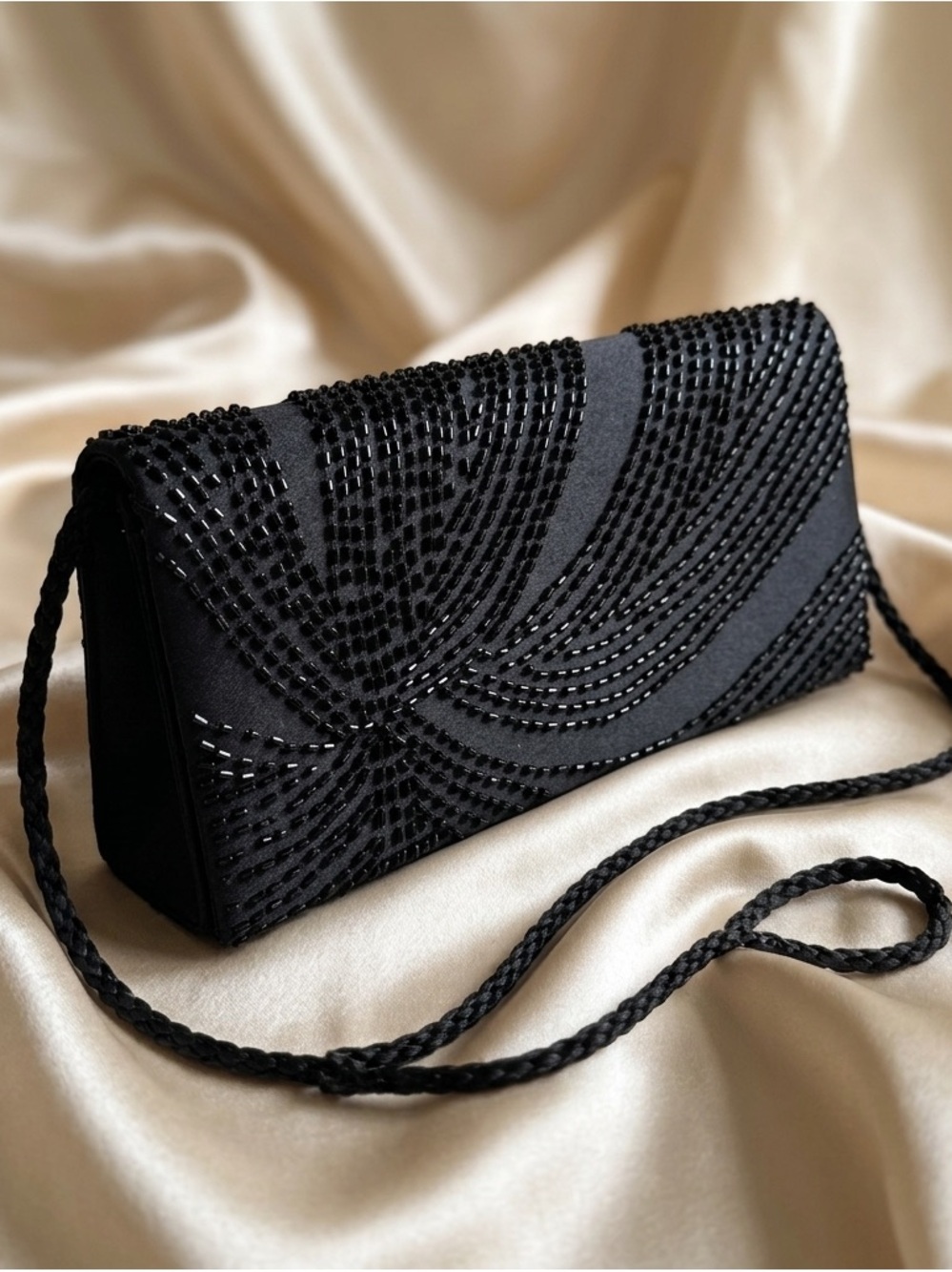 Jessica McClintock 90s Black Beaded Satin Noir Vintage Shoulder Bag Clutch